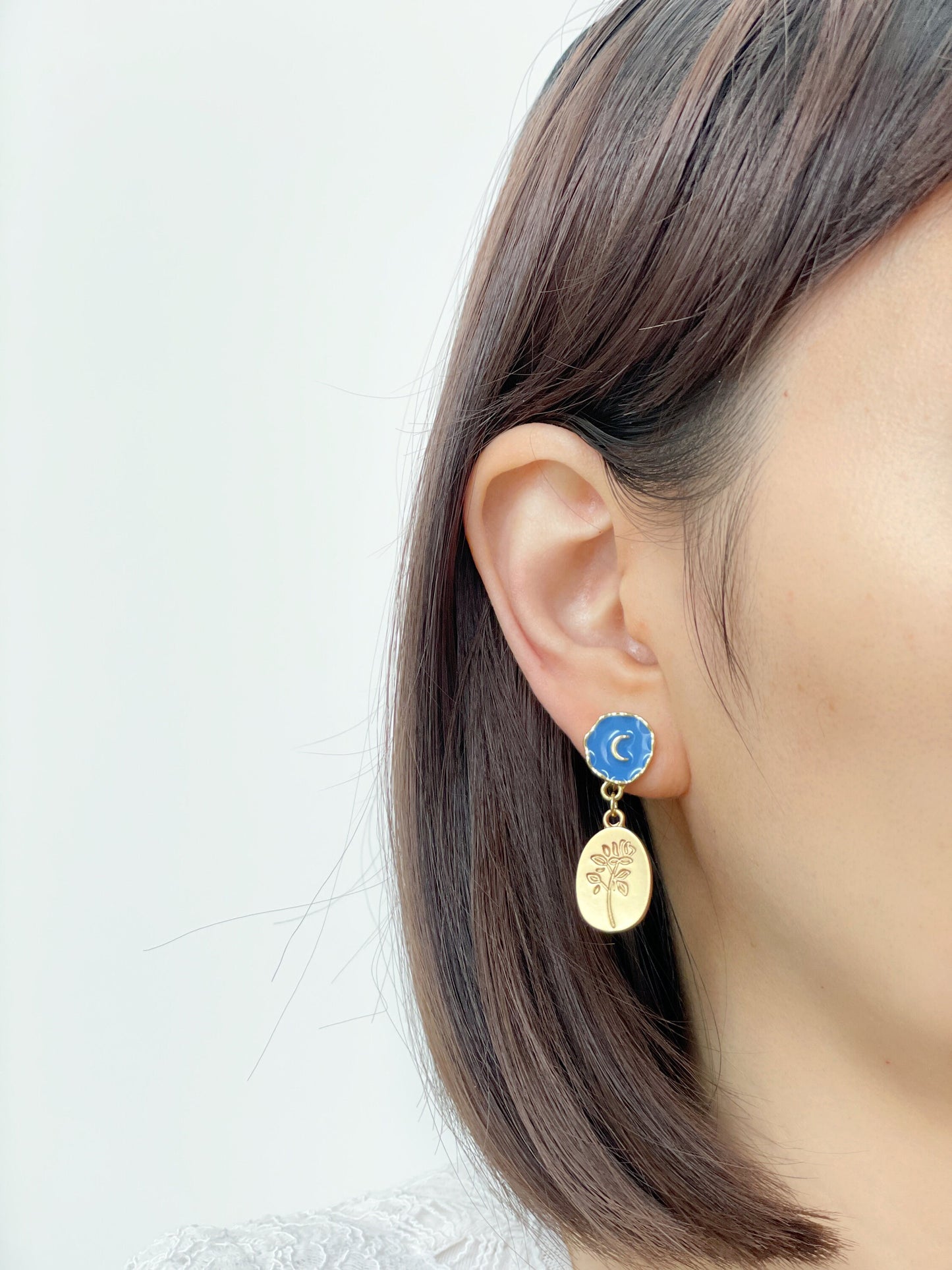 Blue Moon and Gold Coin Rose Dangle Clip on Earrings