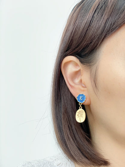 Blue Moon and Gold Coin Rose Dangle Clip on Earrings