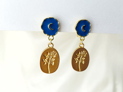 Blue Moon and Gold Coin Rose Dangle Clip on Earrings