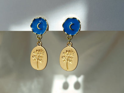 Blue Moon and Gold Coin Rose Dangle Clip on Earrings