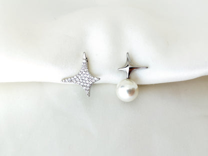Mismatched Sparkly Gold/Silver Star and Pearl Clip on Earrings