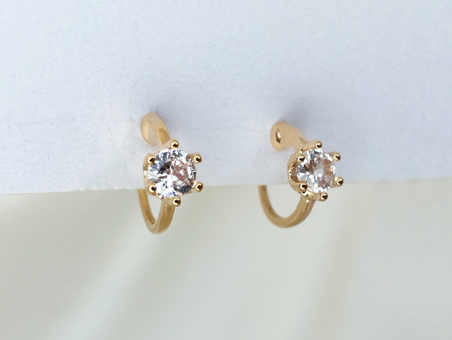 Rose Gold CZ Crystal Huggie Hoop Clip on Earrings