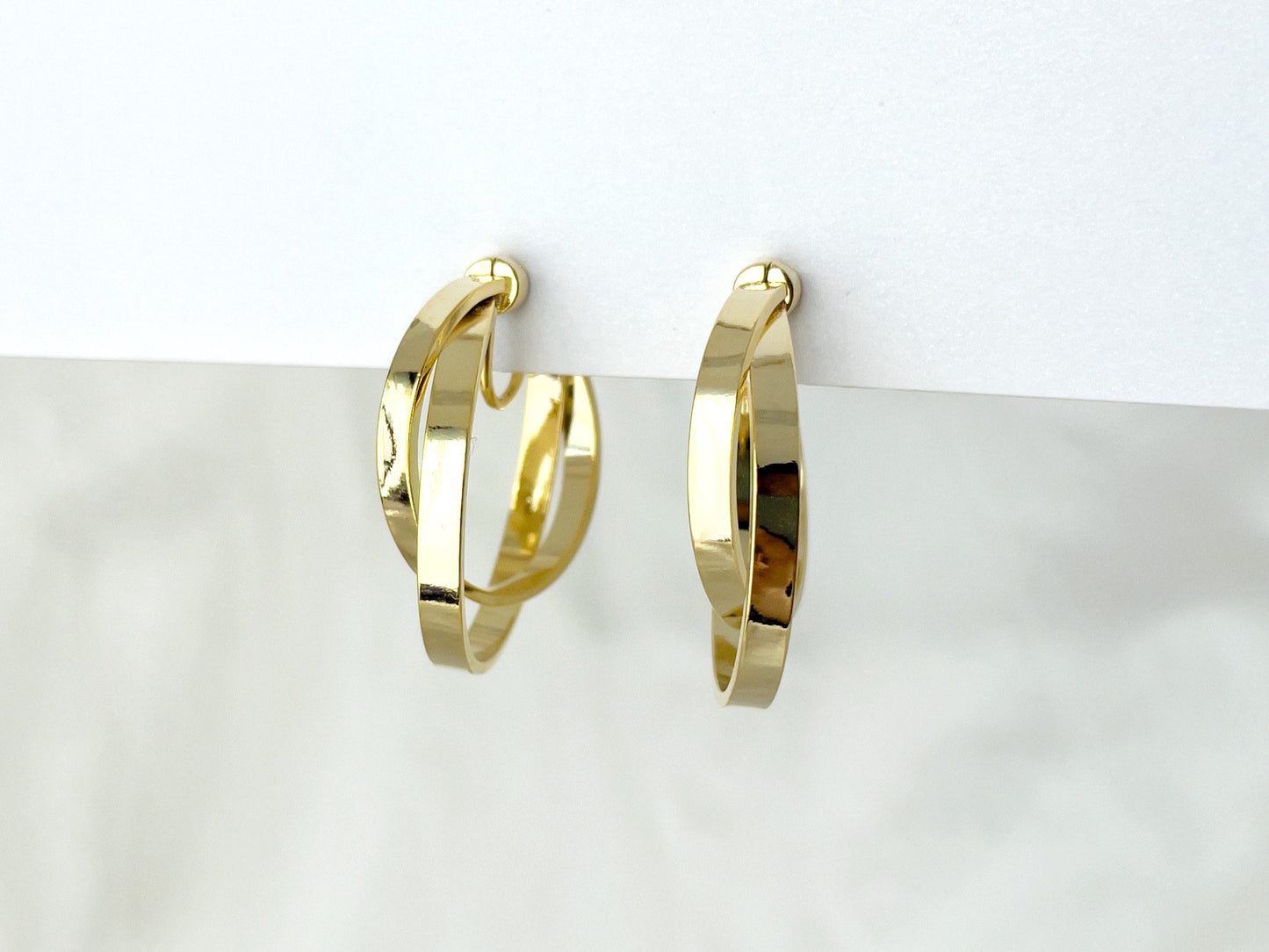 Gold layered hoop clip on earrings, Twist double hoop clip on earrings, Lightweight gold circle clip on earrings