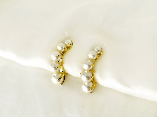 Statement pearl clip on ear climbers, Gold pearl clip on ear cuffs, Elegant pearl clip on earrings