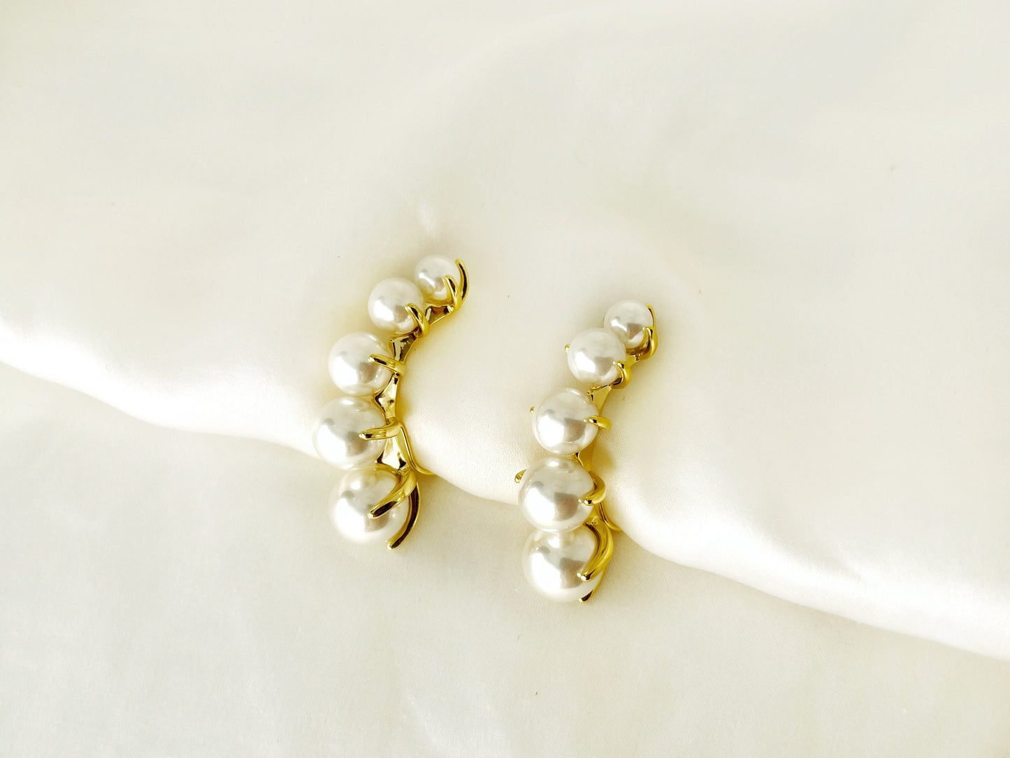 Statement pearl clip on ear climbers, Gold pearl clip on ear cuffs, Elegant pearl clip on earrings