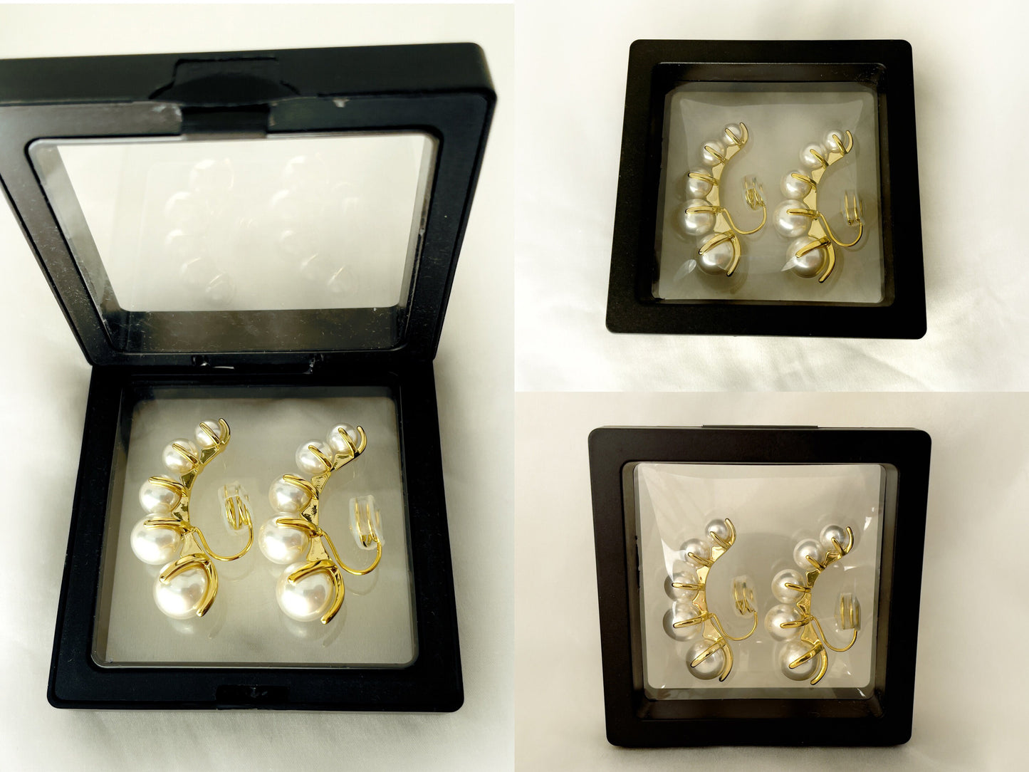 Statement pearl clip on ear climbers, Gold pearl clip on ear cuffs, Elegant pearl clip on earrings