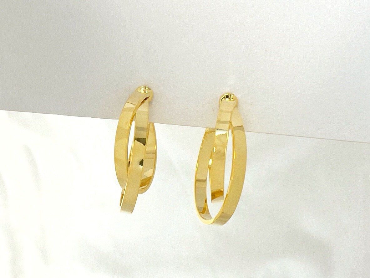 Gold layered hoop clip on earrings, Twist double hoop clip on earrings, Lightweight gold circle clip on earrings