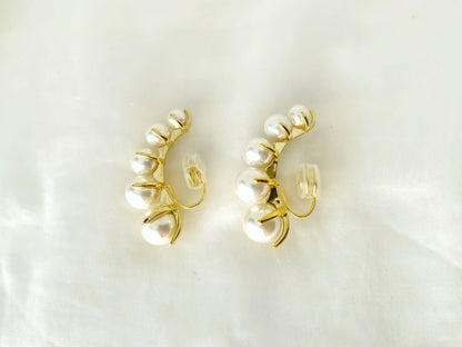 Statement pearl clip on ear climbers, Gold pearl clip on ear cuffs, Elegant pearl clip on earrings