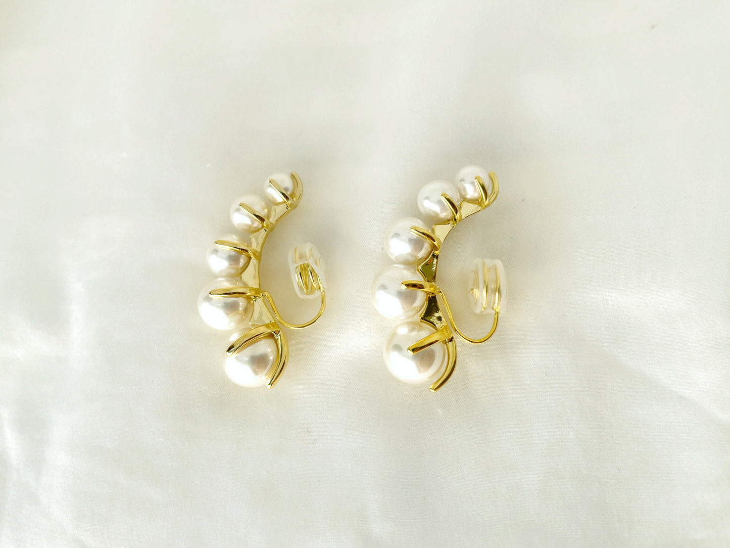Statement pearl clip on ear climbers, Gold pearl clip on ear cuffs, Elegant pearl clip on earrings
