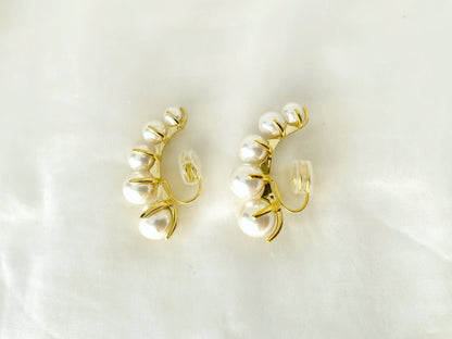 Statement pearl clip on ear climbers, Gold pearl clip on ear cuffs, Elegant pearl clip on earrings