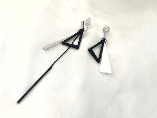 Mismatched black and white dangle drop clip on earrings, Geometric minimalist contrast clip on earrings