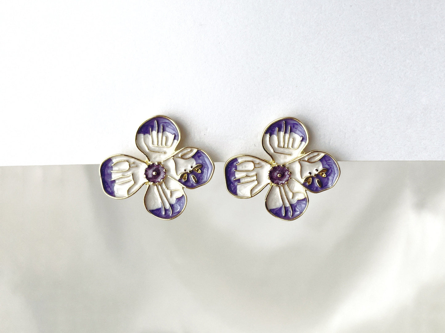 Purple and White Flower with Dragonfly Clip on Earrings