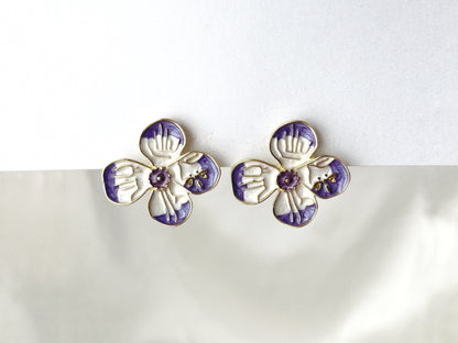 Purple and White Flower with Dragonfly Clip on Earrings