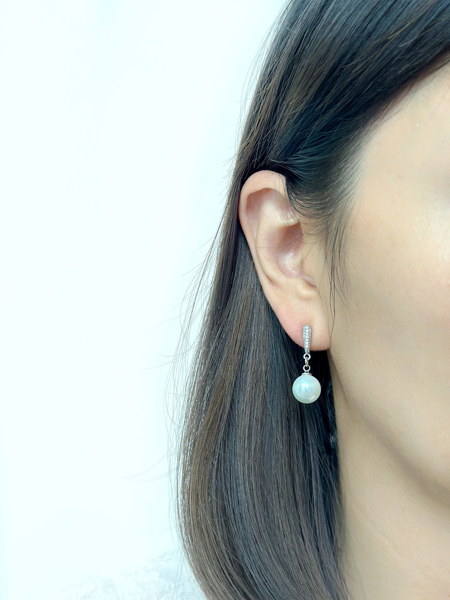 White Pearl CZ Crystal Silver Dangle Clip on Earrings