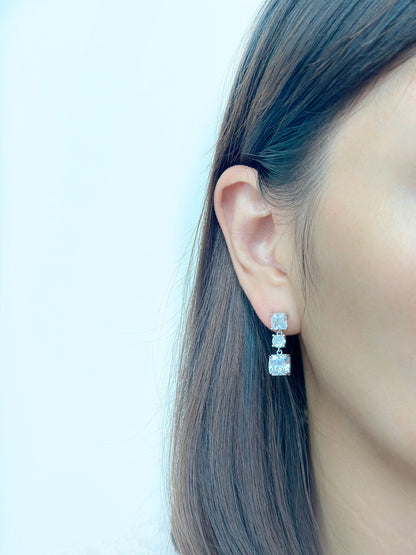 Square CZ Crystals Silver Dangle Clip on Earrings