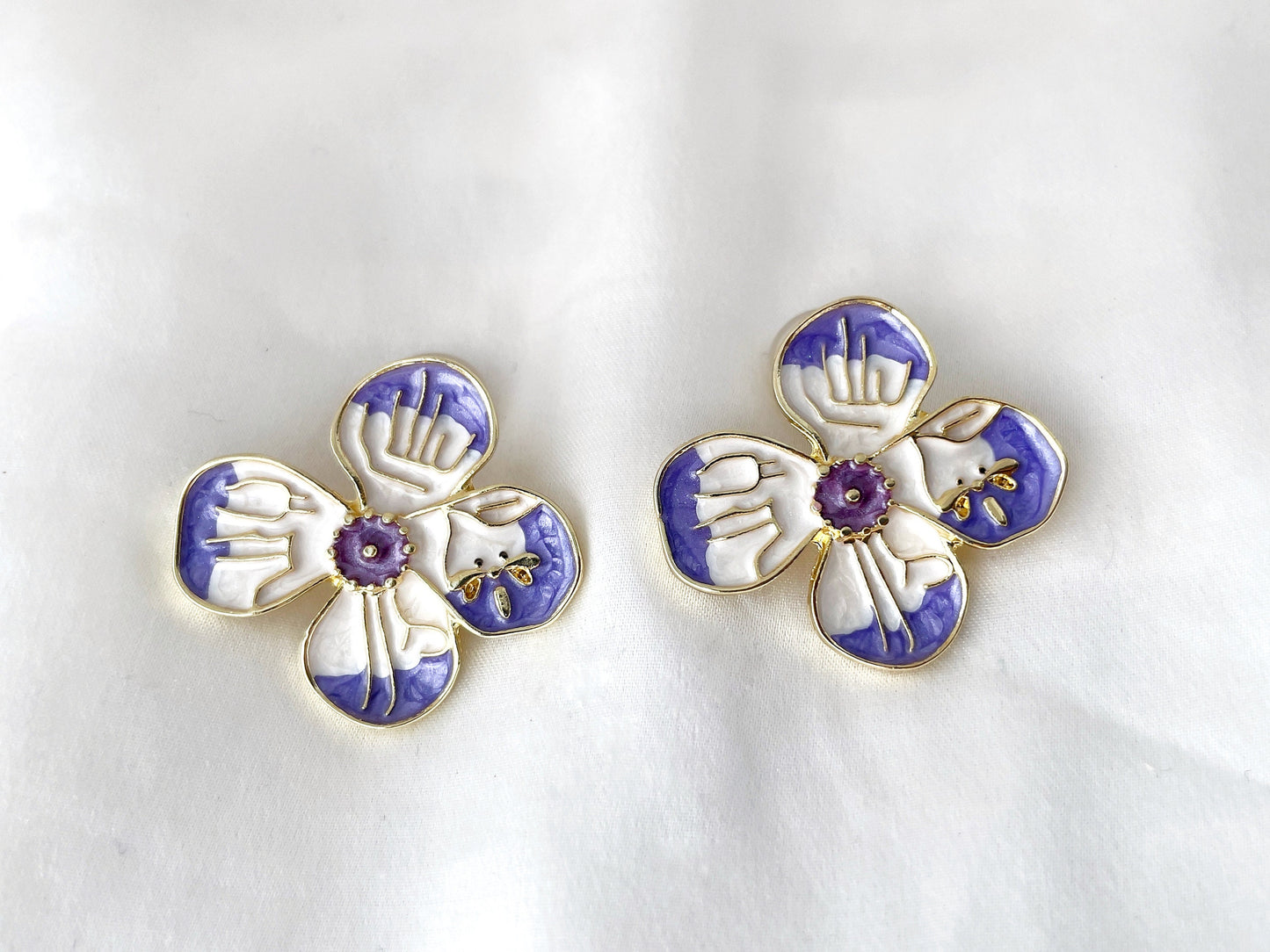 Purple and White Flower with Dragonfly Clip on Earrings