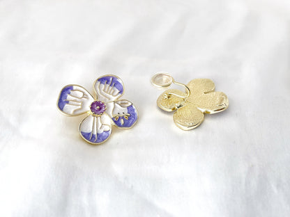 Purple and White Flower with Dragonfly Clip on Earrings