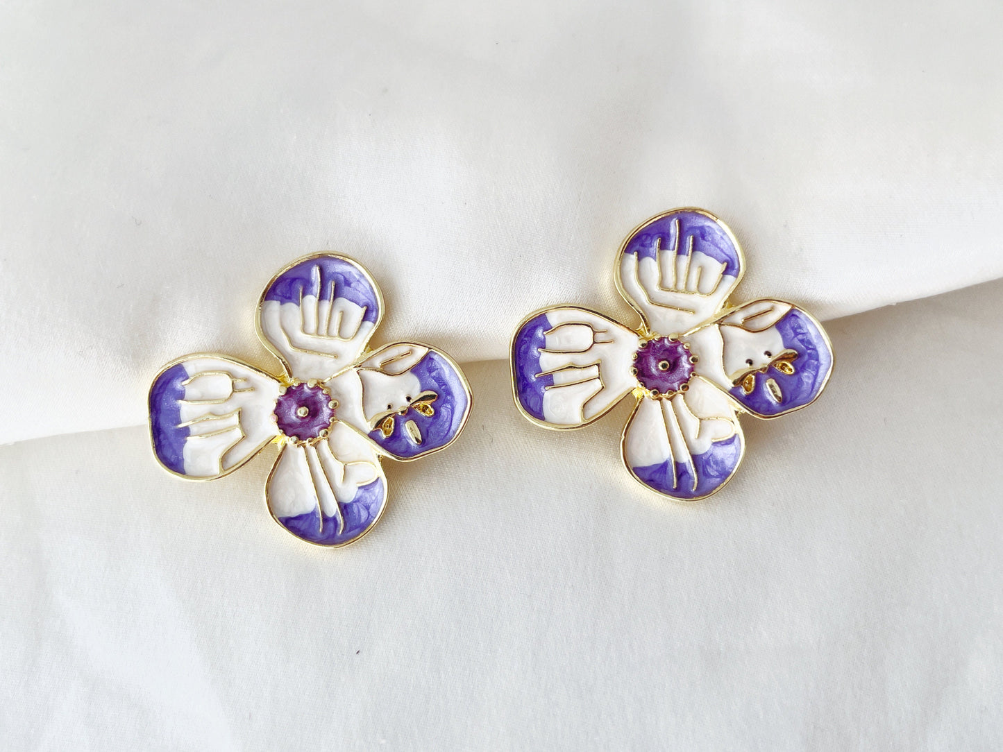Purple and White Flower with Dragonfly Clip on Earrings