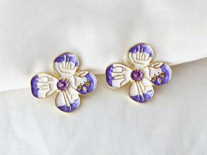 Purple and White Flower with Dragonfly Clip on Earrings