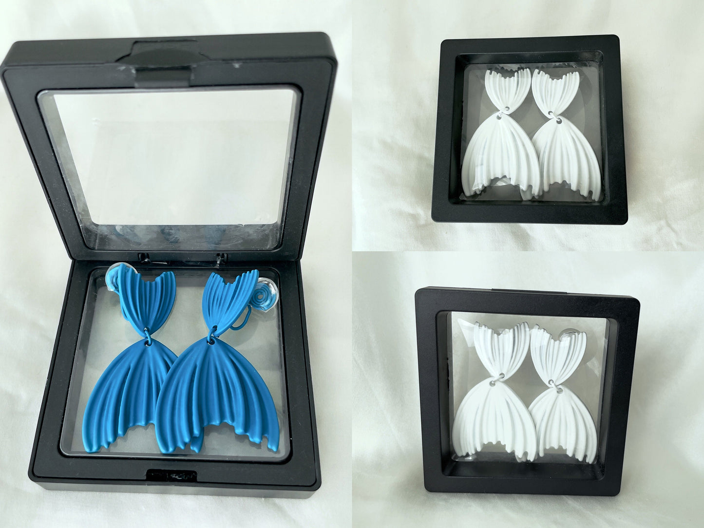 Matte Blue/White/Silver Tail Dangle Clip on Earrings