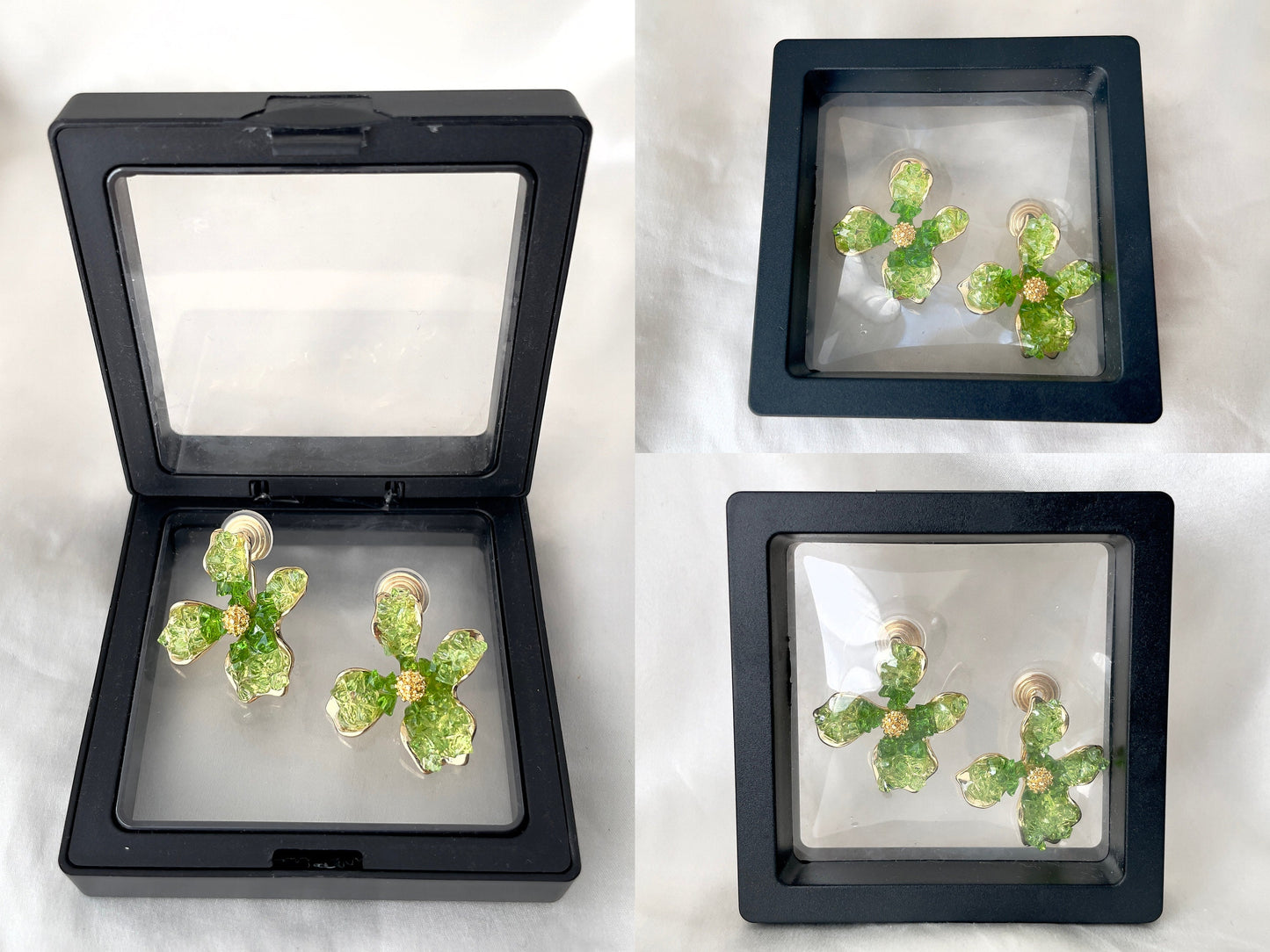 Sparkling green flower clip on earrings, Dainty crystal flower clip on studs, Delicate floral clip on earrings