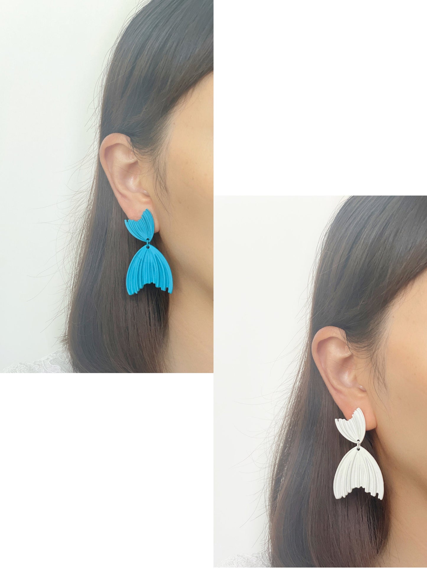 Matte Blue/White/Silver Tail Dangle Clip on Earrings