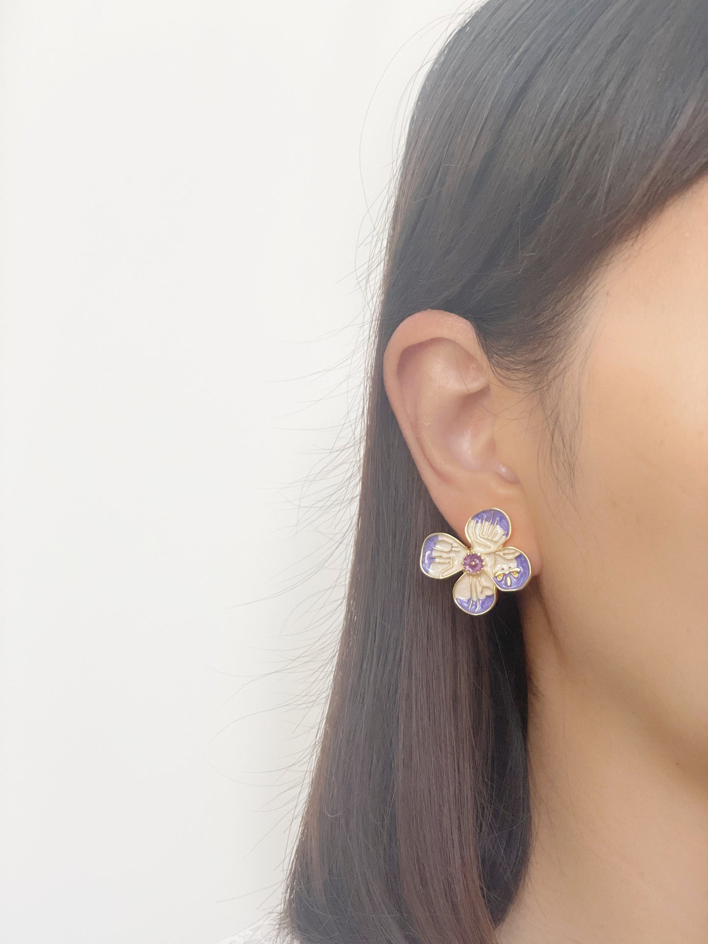 Purple and White Flower with Dragonfly Clip on Earrings