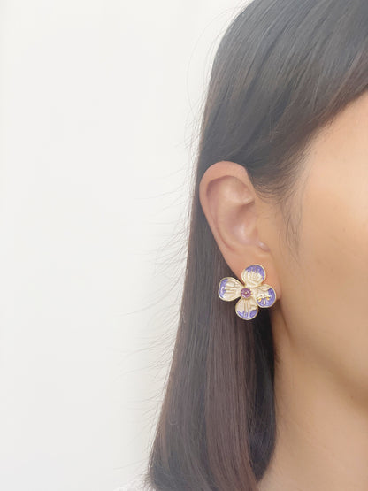 Purple and White Flower with Dragonfly Clip on Earrings
