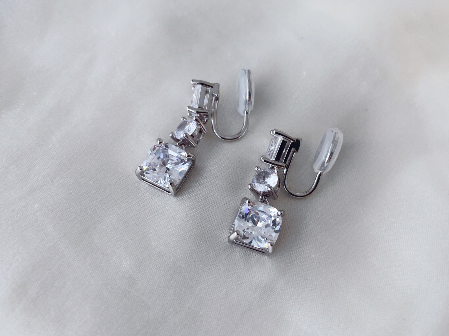 Square CZ Crystals Silver Dangle Clip on Earrings