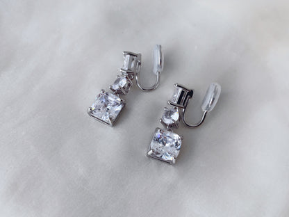 Square CZ Crystals Silver Dangle Clip on Earrings