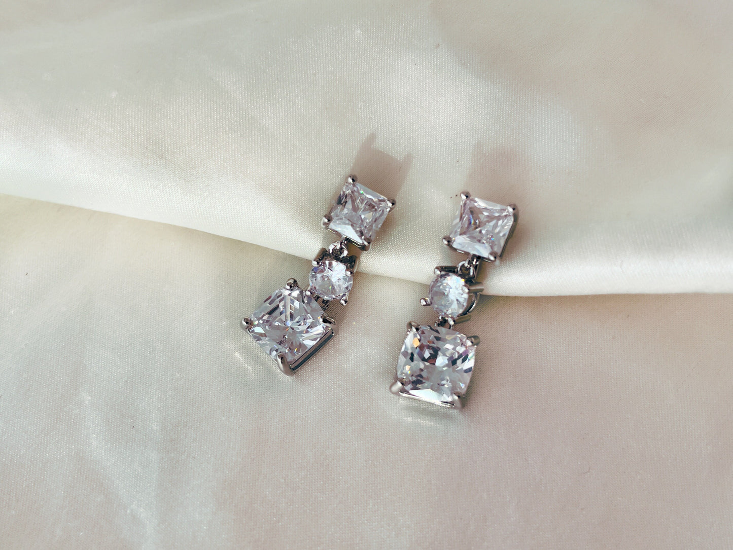 Square CZ Crystals Silver Dangle Clip on Earrings