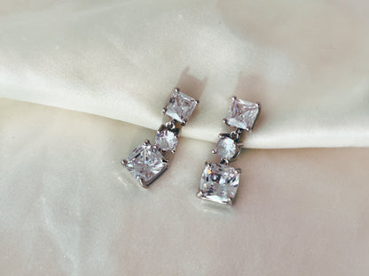 Square CZ Crystals Silver Dangle Clip on Earrings