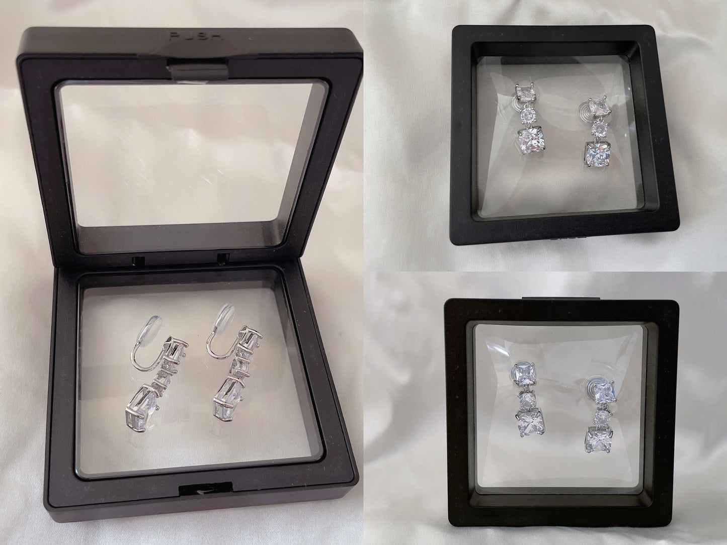 Square CZ Crystals Silver Dangle Clip on Earrings