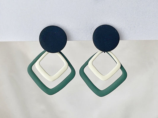 Geometric Matte Green and White Square Hoops Clip on Earrings