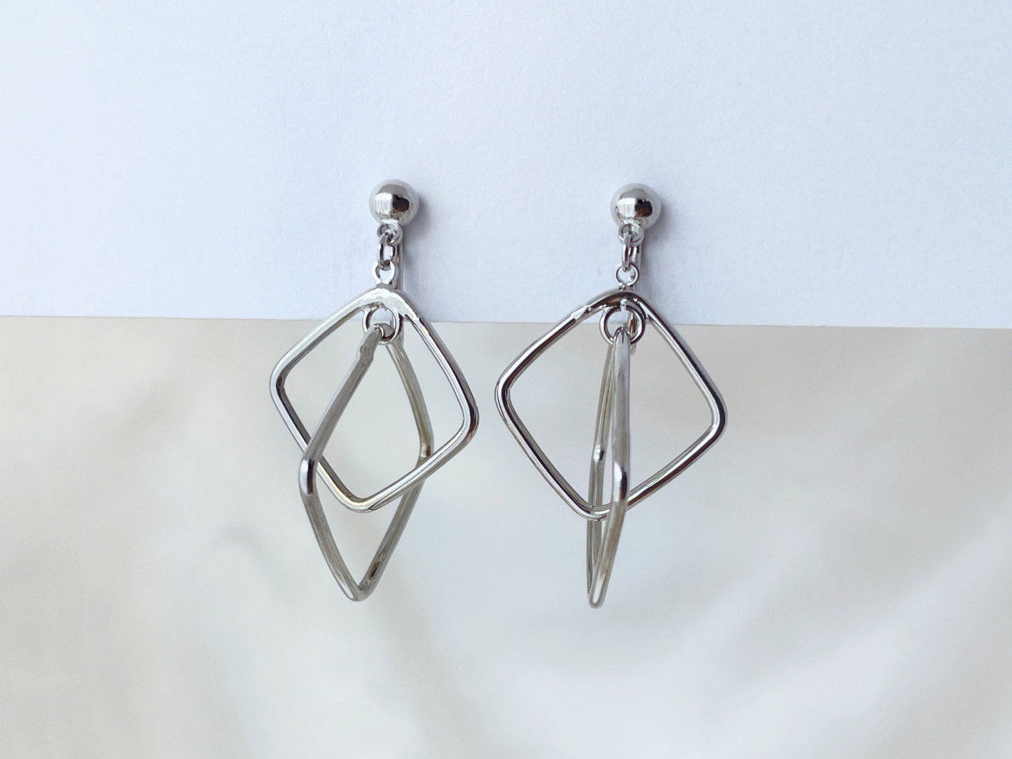 Sliver Square Hoops Dangle Clip on Earrings