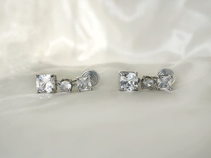 Square CZ Crystals Silver Dangle Clip on Earrings