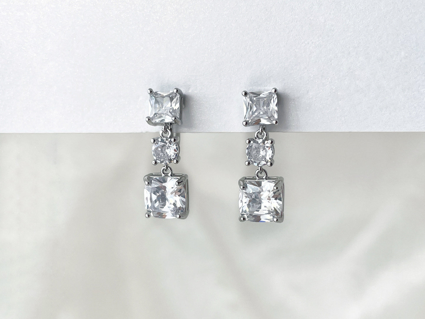 Square CZ Crystals Silver Dangle Clip on Earrings