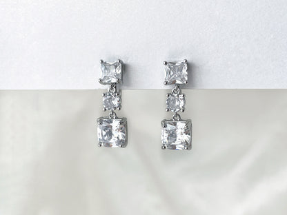 Square CZ Crystals Silver Dangle Clip on Earrings