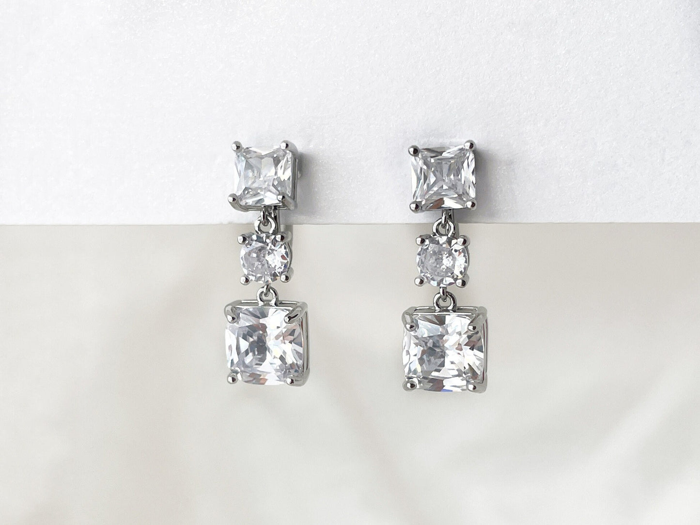 Square CZ Crystals Silver Dangle Clip on Earrings