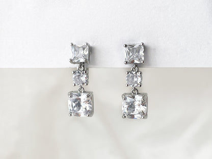 Square CZ Crystals Silver Dangle Clip on Earrings