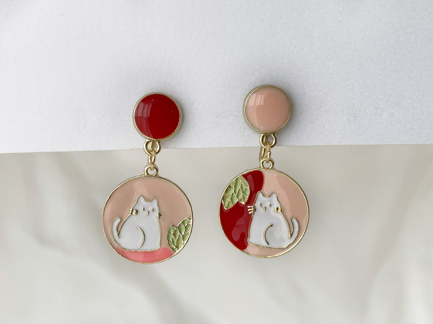 Mismatched Hand Painted Cat Clip on Earrings