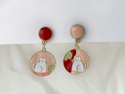 Mismatched Hand Painted Cat Clip on Earrings