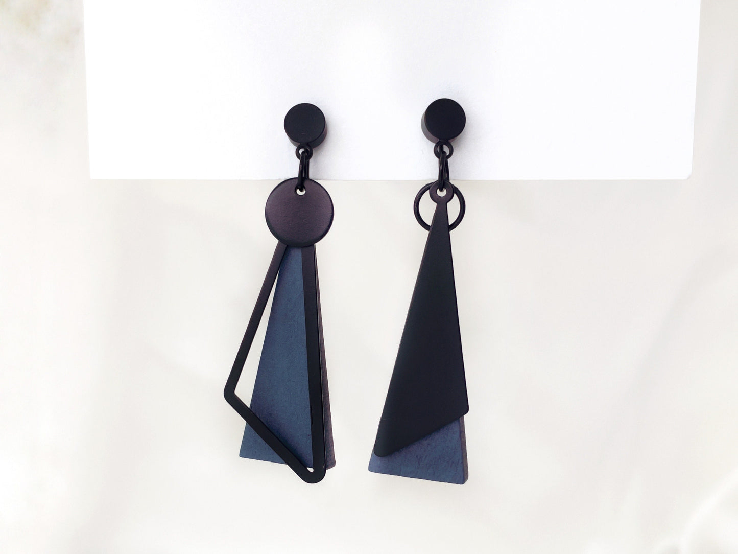 Mismatched Black and Navy Blue Triangle Clip on Earrings