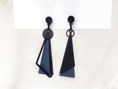 Mismatched Black and Navy Blue Triangle Clip on Earrings