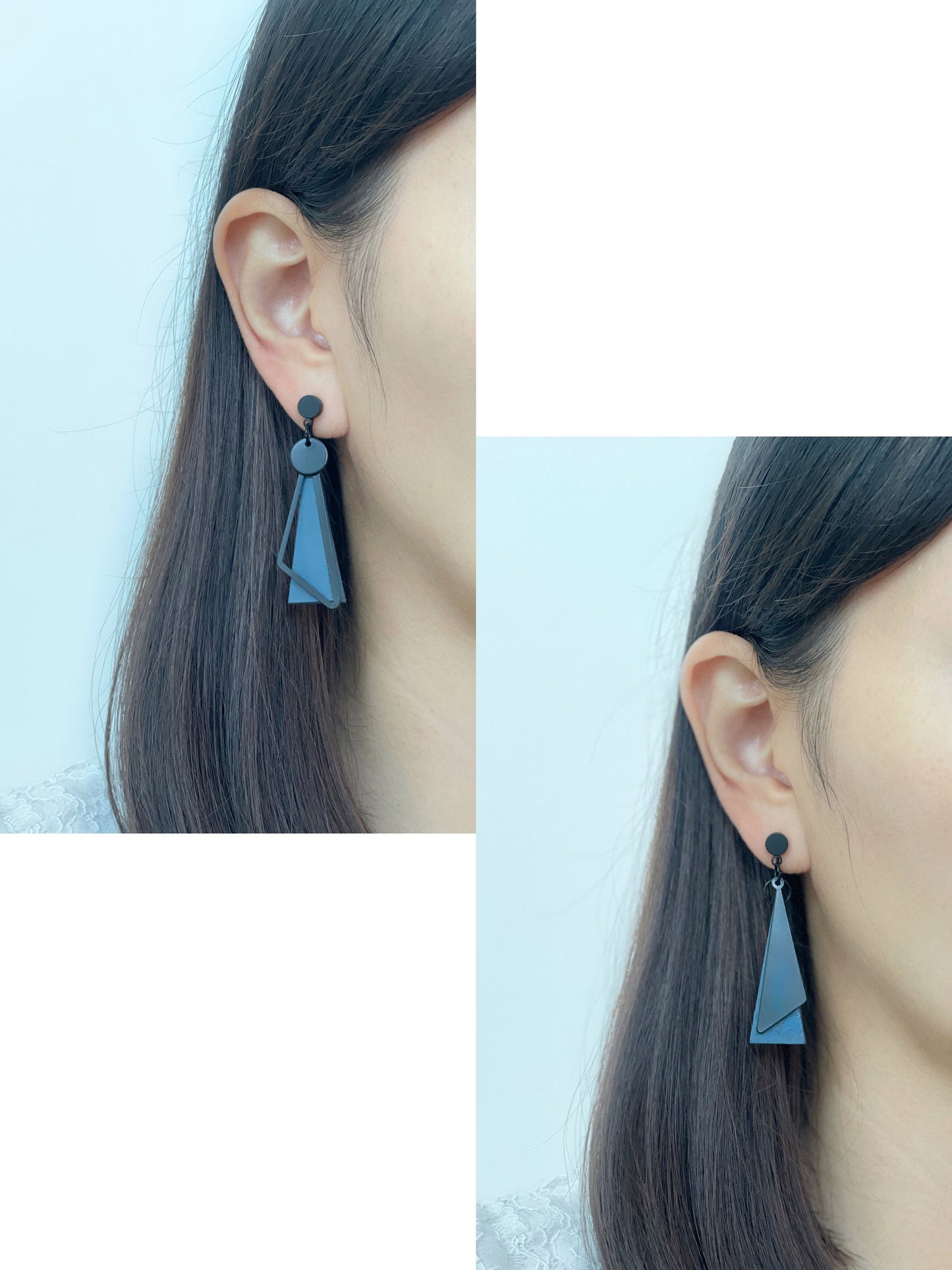 Mismatched Black and Navy Blue Triangle Clip on Earrings