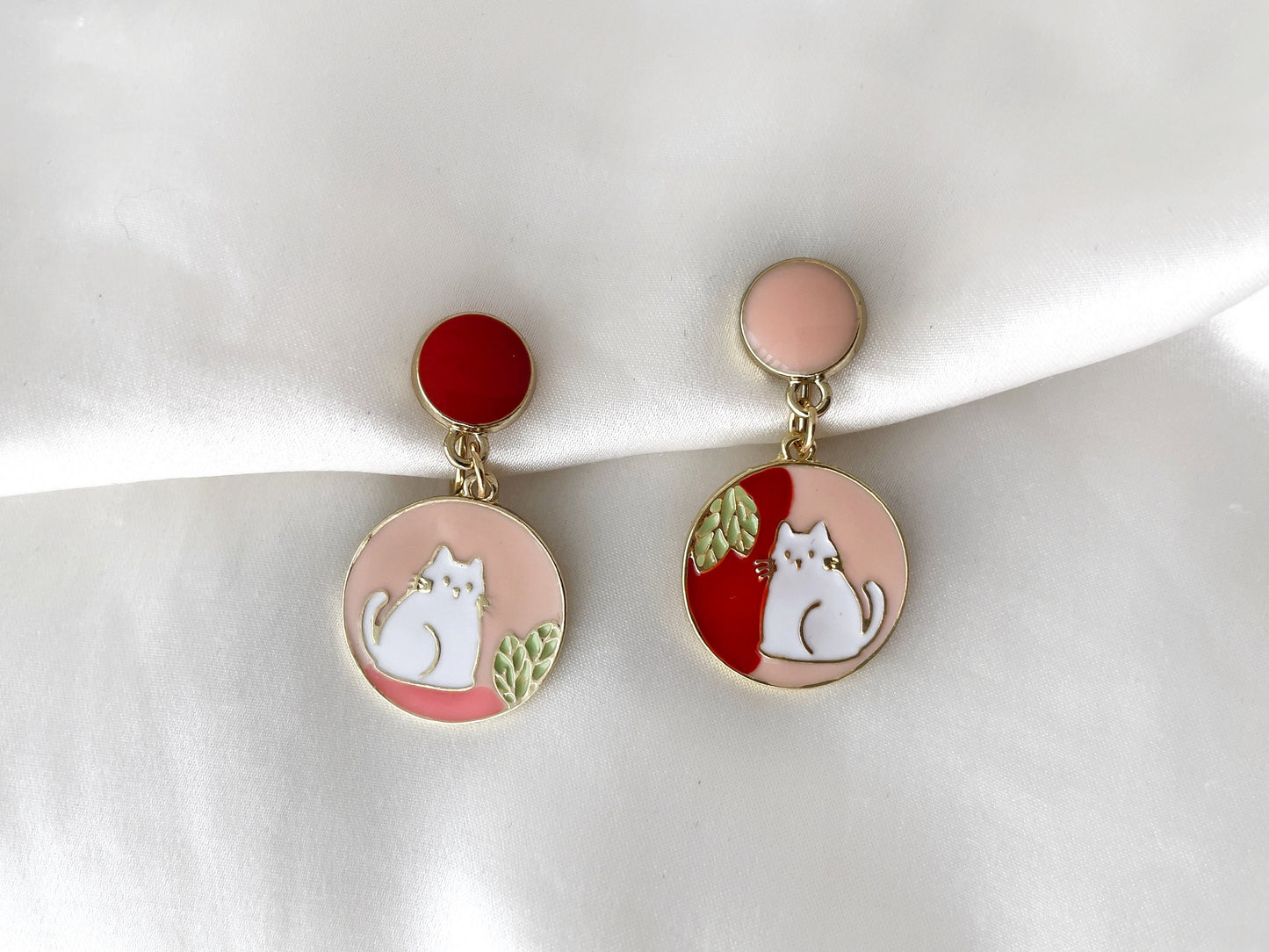 Mismatched Hand Painted Cat Clip on Earrings