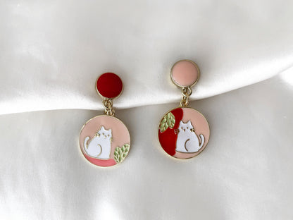 Mismatched Hand Painted Cat Clip on Earrings