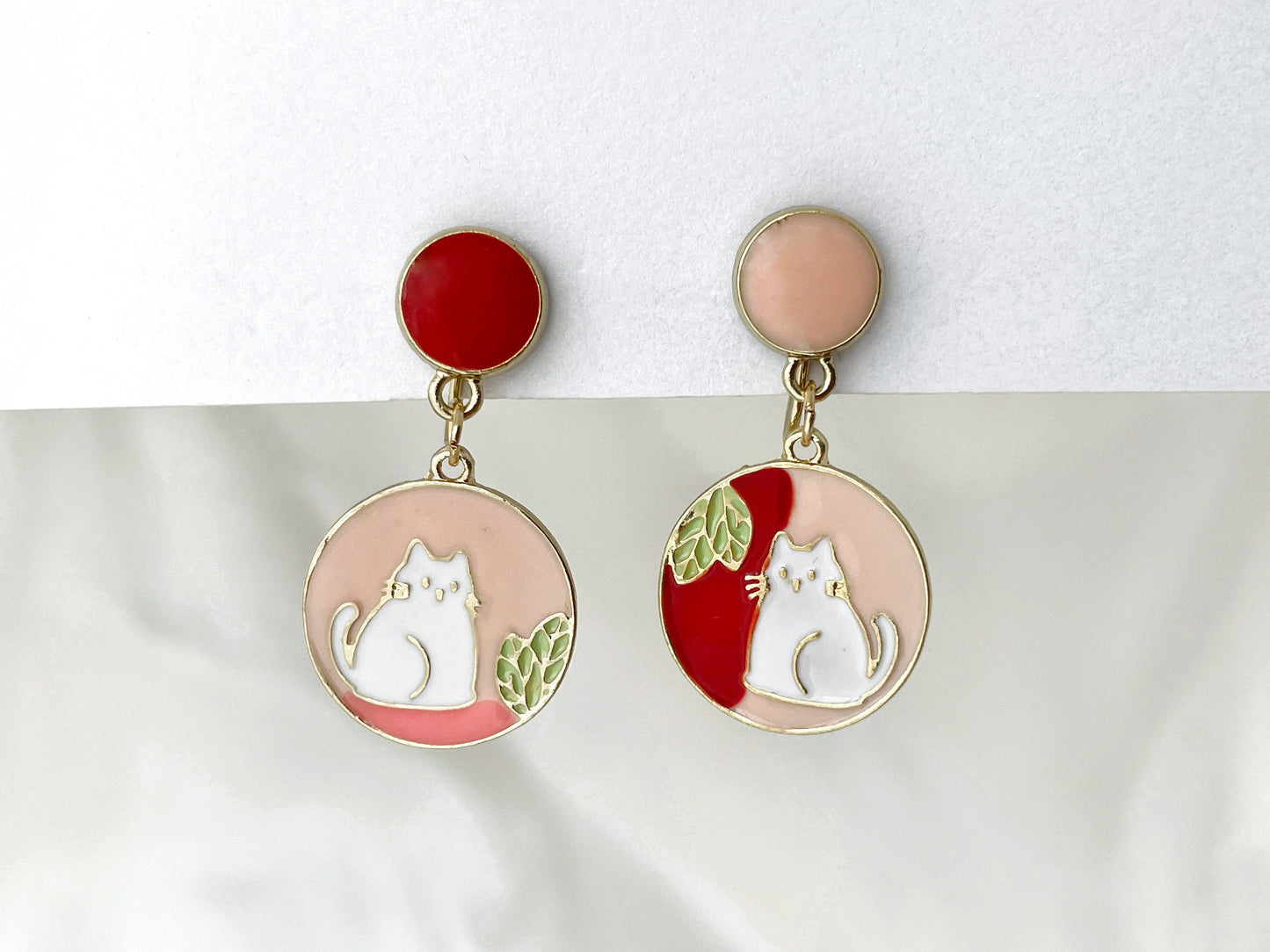 Mismatched Hand Painted Cat Clip on Earrings