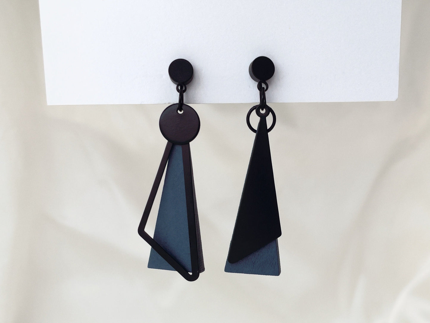 Mismatched Black and Navy Blue Triangle Clip on Earrings