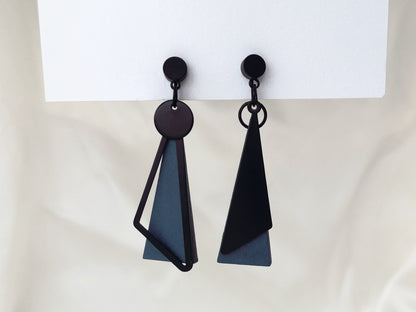Mismatched Black and Navy Blue Triangle Clip on Earrings